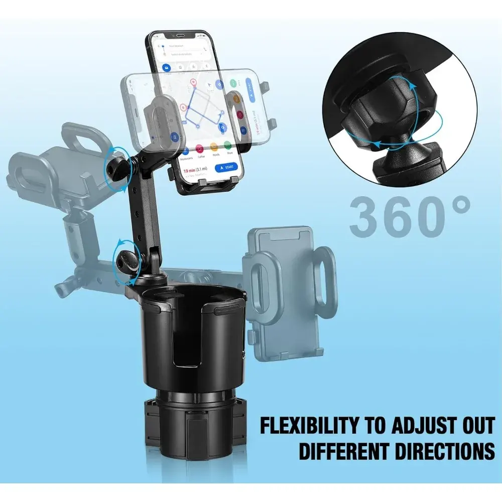 2-in-1 360 Degree Adjustable Car Phone Holder and Cup Holder Auto Interior Accessory for Bottle Beve