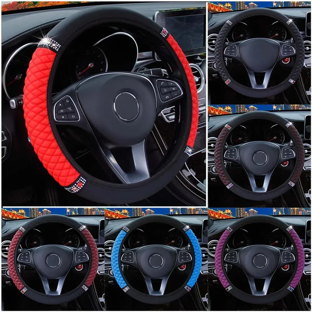 3D Embroidered Color Diamond Breathable Leather Steering Wheel Cover 37-38cm - Tiga Car Accessories